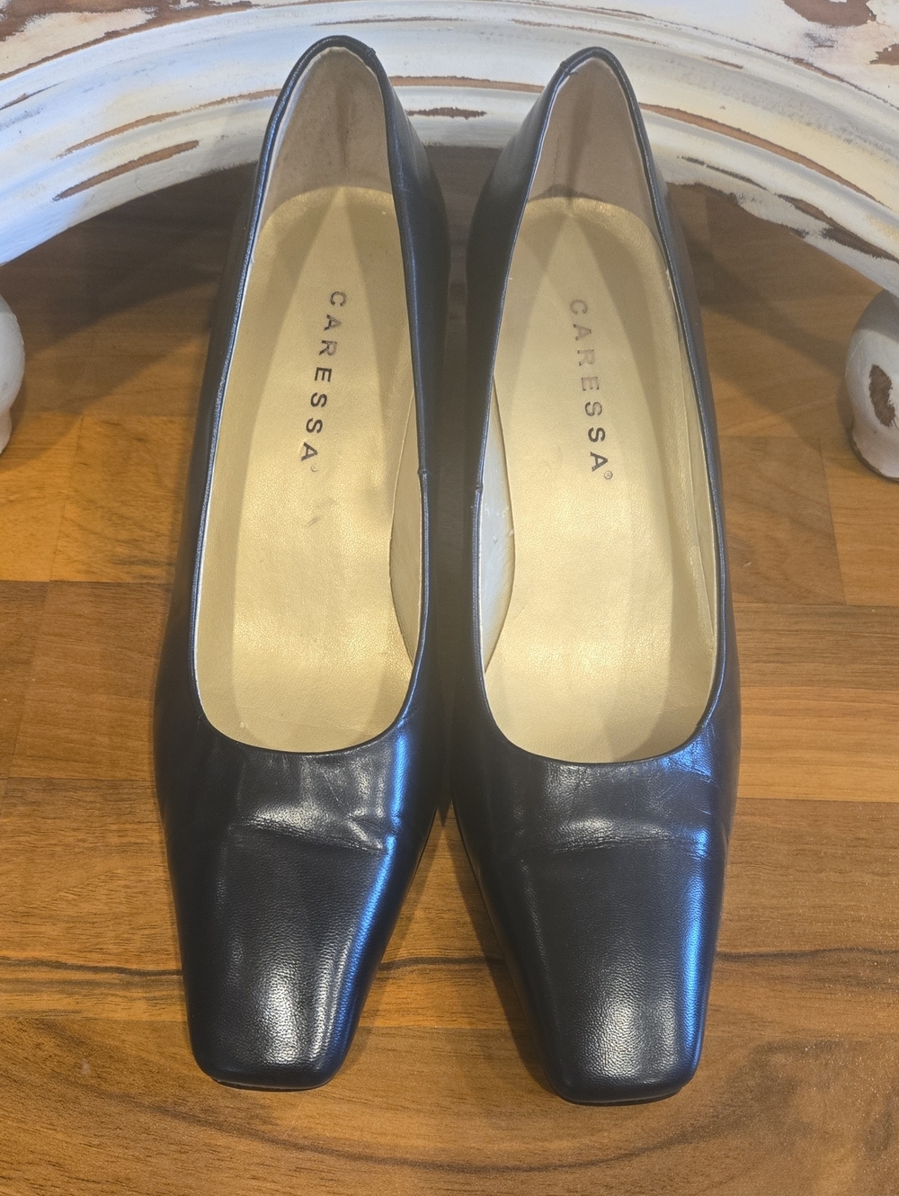 Vintage Caressa Midnight Blue Leather Square-Toe Pumps